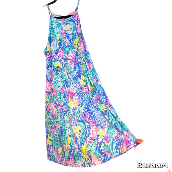 Lilly Pulitzer Margot Swing Dress Mermaids Cove Print Pink Tassel Medium Blue M - Picture 4 of 7